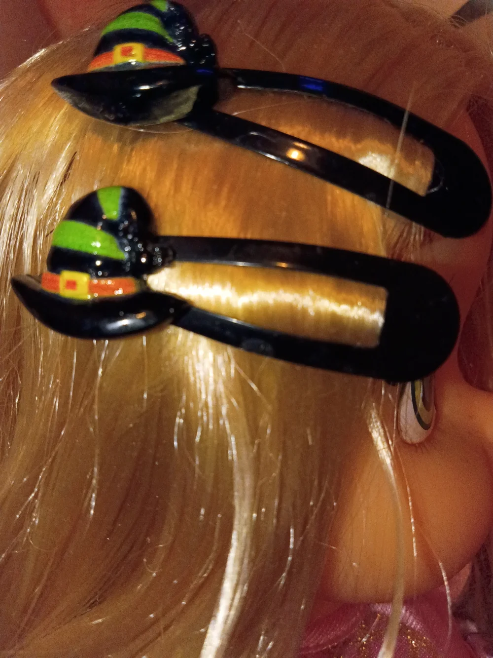 Kids Black Witch Hat Hair Clips with Green and Orange Accent